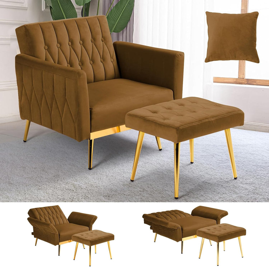 Velvet Accent Chair with Adjustable Armrests and Backrest, Button Tufted Lounge Chair, Single Recliner Armchair with Ottoman and Pillow for Living Room, Bedroom, Brown