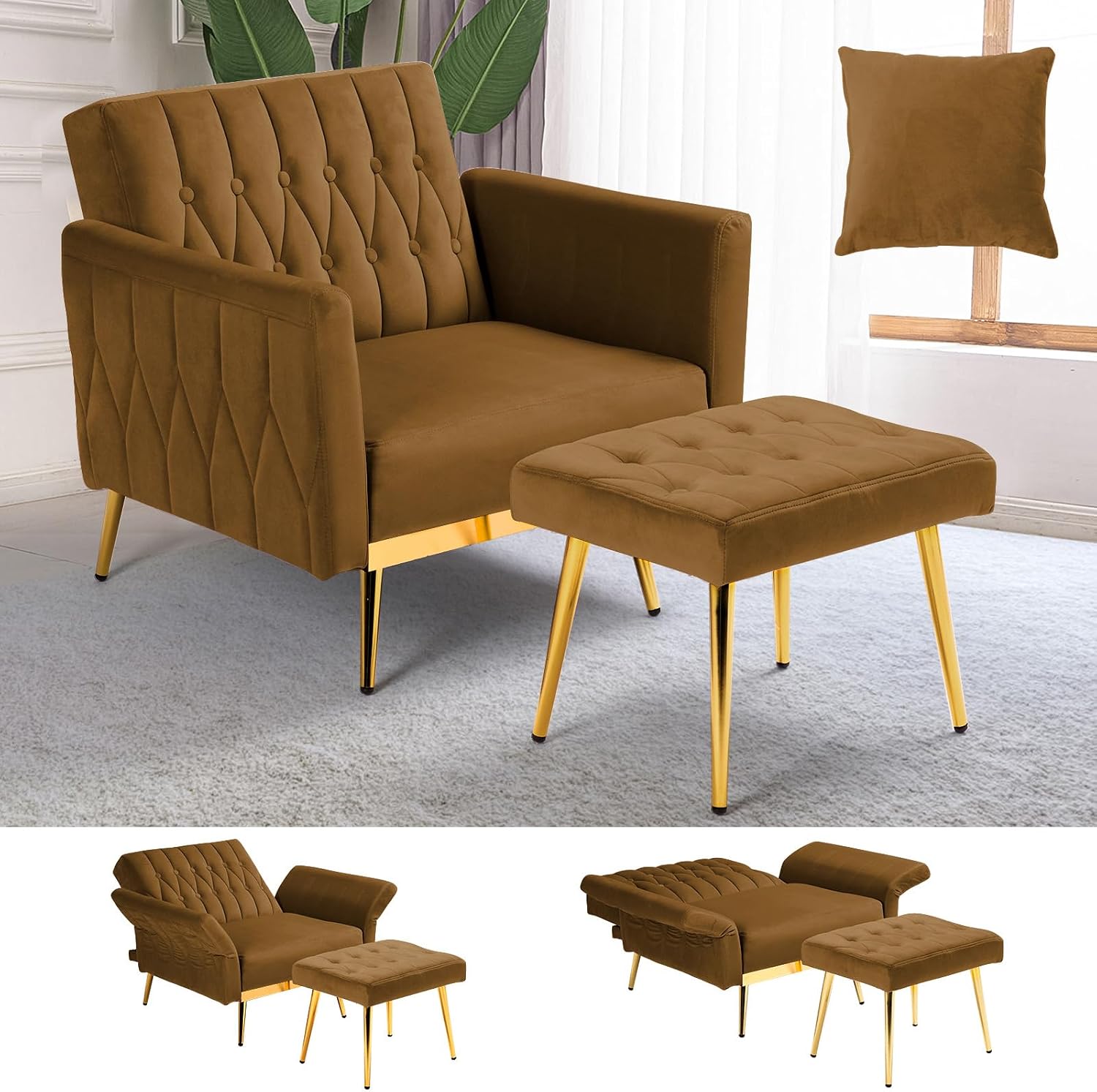 Velvet Accent Chair with Adjustable Armrests and Backrest, Button Tufted Lounge Chair, Single Recliner Armchair with Ottoman and Pillow for Living Room, Bedroom, Brown