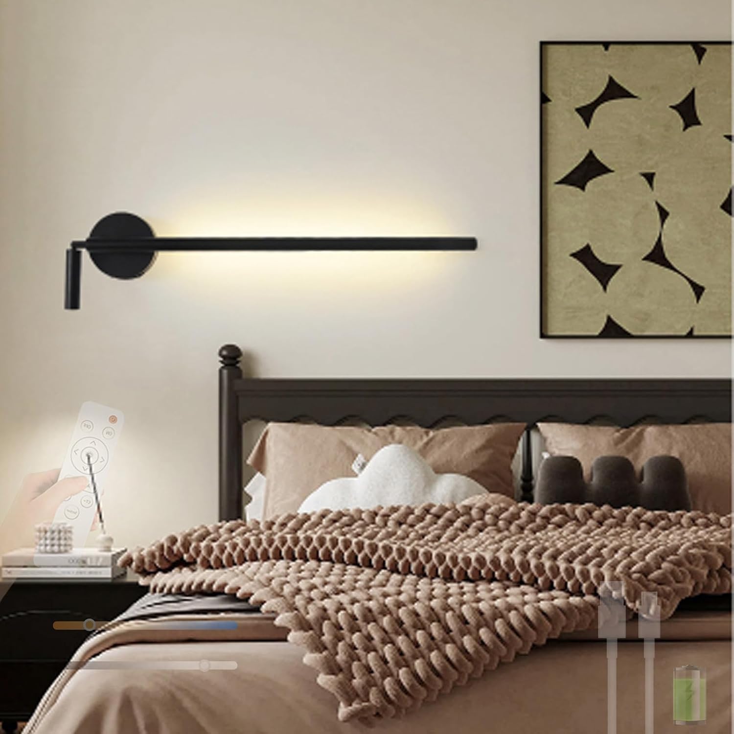 LED Wall Light Indoor with Remote Control Dimming Wall Lamp USB Rechargeable Wall Sconce with 90° + 350° Rotation Spotlight Wall Aluminium for Bedroom Living Room
