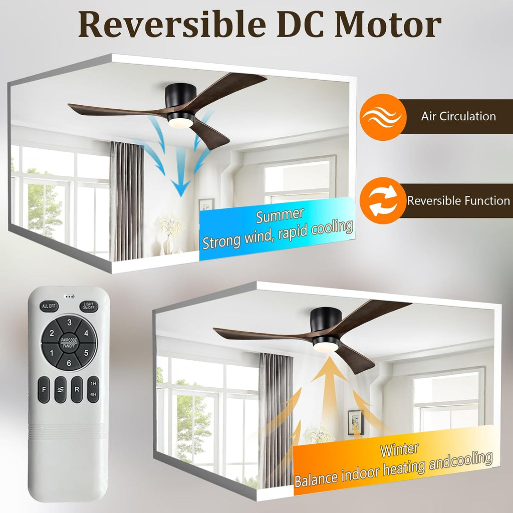 52inches Ceiling Fan with Lights,Wooden Flush Mount Ceiling Fans with Remote Control,Dimmable Light,3 CCT,6 Speeds,Noiseless DC Motor,Ceiling Fan for Bedroom,Living Room,Office,Indoor,Bronze Gray