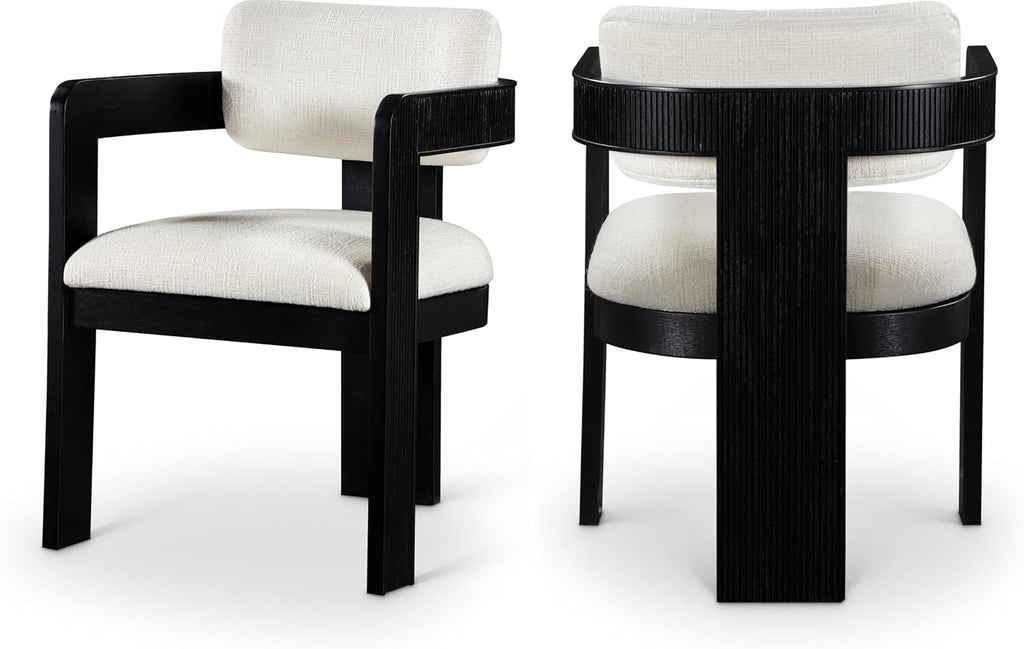 Meridian Furniture Sacha Collection Art Deco Dining Chair, Solid Fluted Wood, 22.5' W x 22' D x 31' H, Set of 2 (Cream, Black Finish, Linen Textured Fabric)