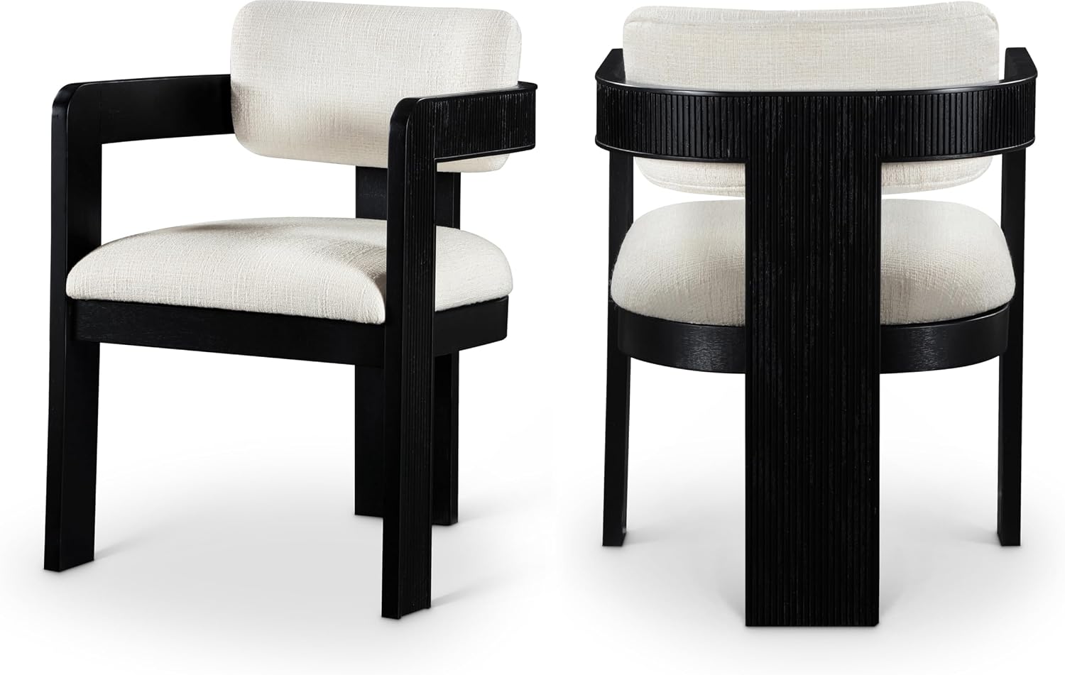Meridian Furniture Sacha Collection Art Deco Dining Chair, Solid Fluted Wood, 22.5' W x 22' D x 31' H, Set of 2 (Cream, Black Finish, Linen Textured Fabric)