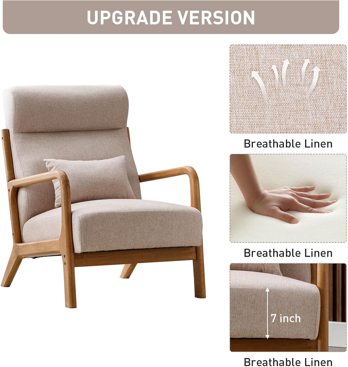 ANJ Mid Century Modern Accent Chair with High Back, Single Lounge Armchair with Solid Wood Frame, Comfy Reading Chair for Living Room, Easy Assembly