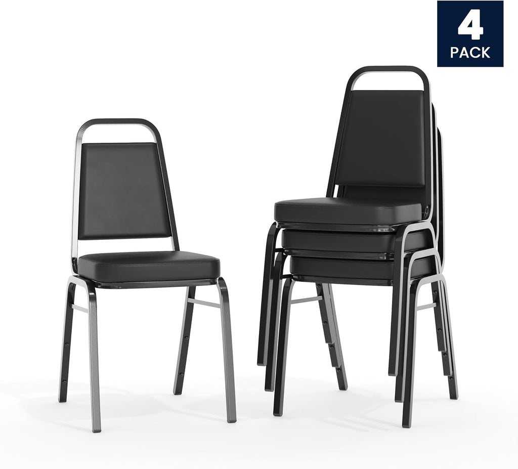 Flash Furniture Hercules Set of 4 Trapezoidal Vinyl Stacking Chairs, Commercial Stackable Chairs with Padded Seats and Backs, Black