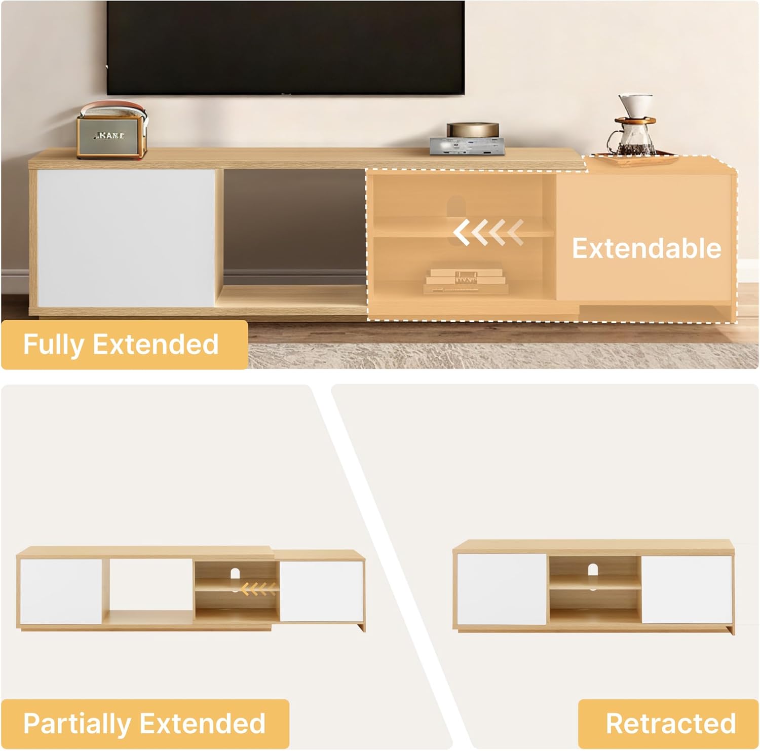 KISLOT Extendable TV Stand for TVs up to 90',Modern Entertainment Center with Adjustable Shelf,Television Stand with 2 Storage Cabinets,Wooden TV Media Console for Living Room Bedroom Natural Oak