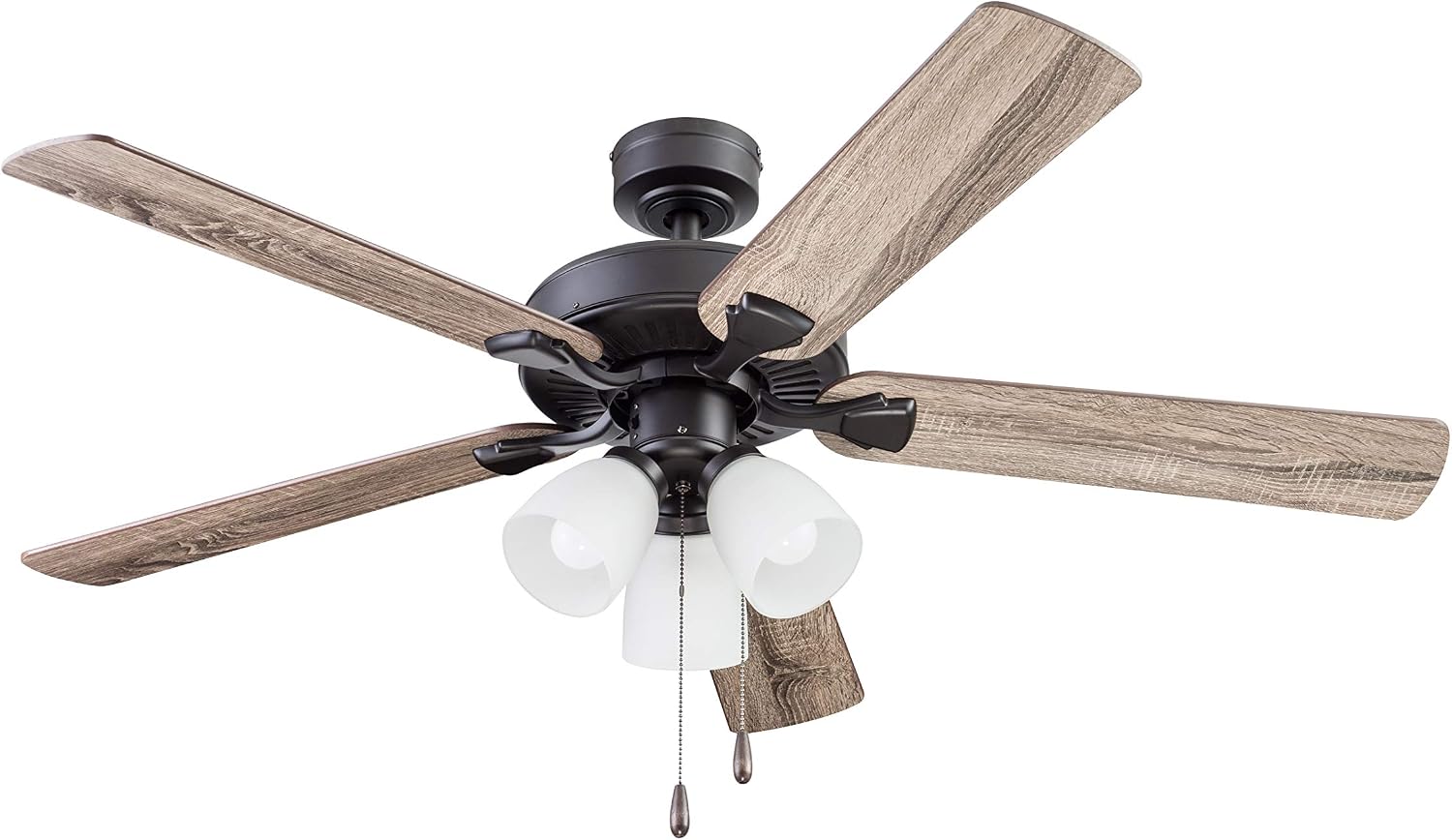 Portage Bay Ceiling Stannor 52' Bronze Indoor Fan with Frosted 3 Light LED Multi Arm E26/A15 Bulb and Pull-Chains, Traditional Style, 5 Reversible Barnwood/Northern Ebony Blades, 51434