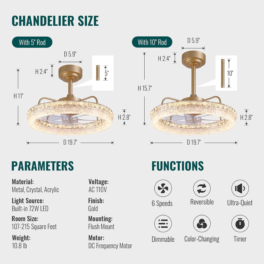 20'' Ceiling Fan with Lights and Remote, 3000-6000K Dimmable Low Profile Crystal Ceiling Fan, 6 Wind Speeds Modern Flush Mount LED Fandelier for Bedroom Living Room, Gold