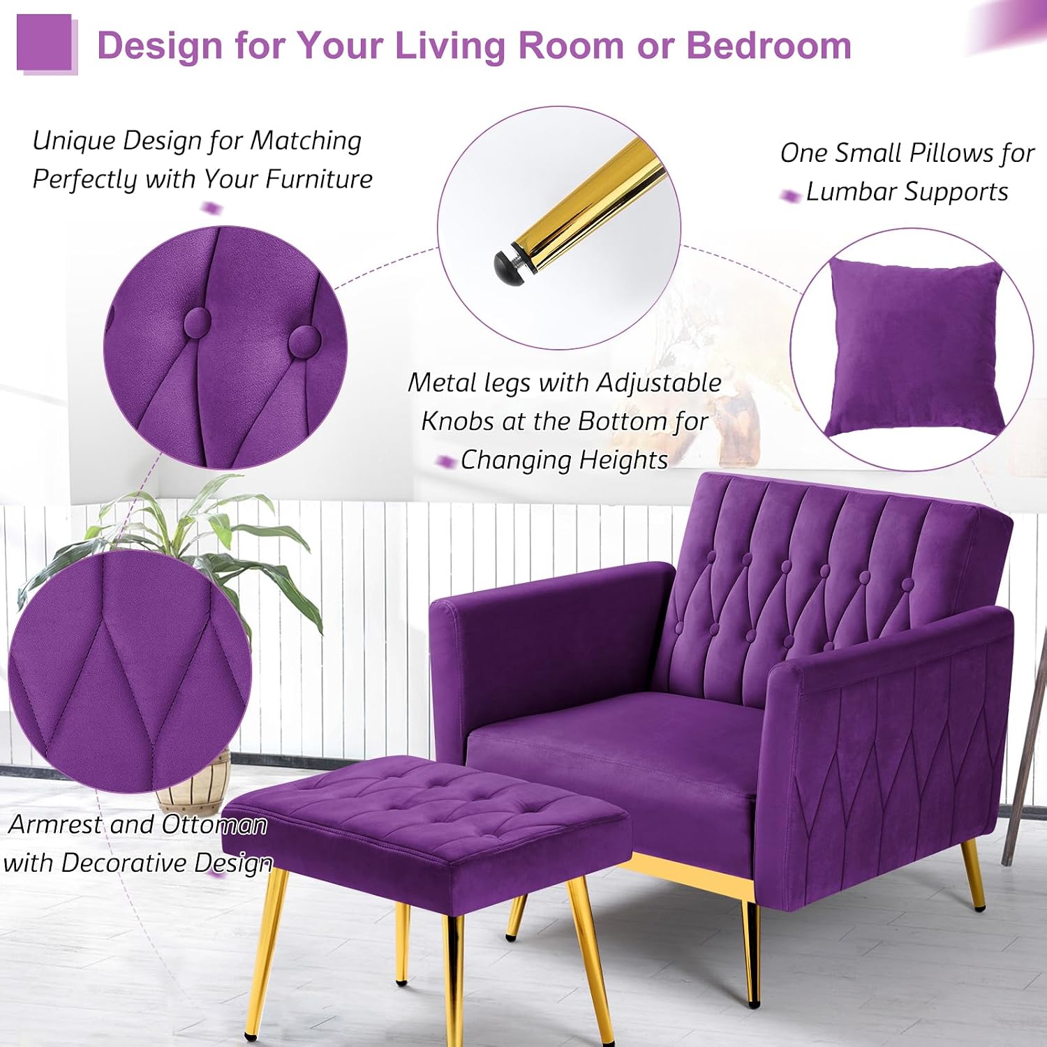 Velvet Accent Chair with Adjustable Armrests and Backrest, Button Tufted Lounge Chair, Single Recliner Armchair with Ottoman and Pillow for Living Room, Bedroom, Purpel