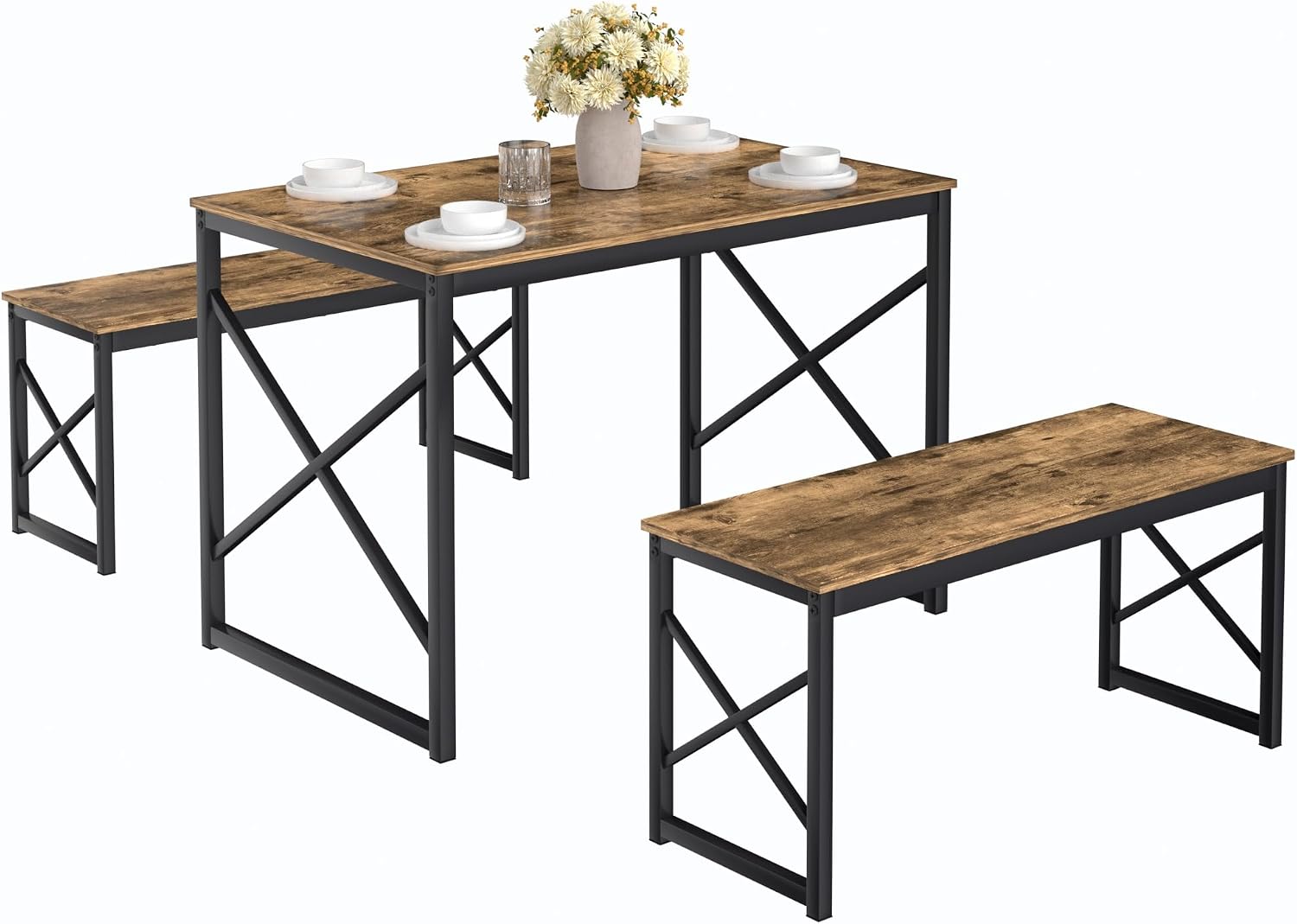 VECELO Kitchen Dining Table Benches Set for 4, 43.3' Wooden Dinette with 2 Benches, Heavy-Duty Dining Room Table for Small Space, Breakfast Nook, Brown