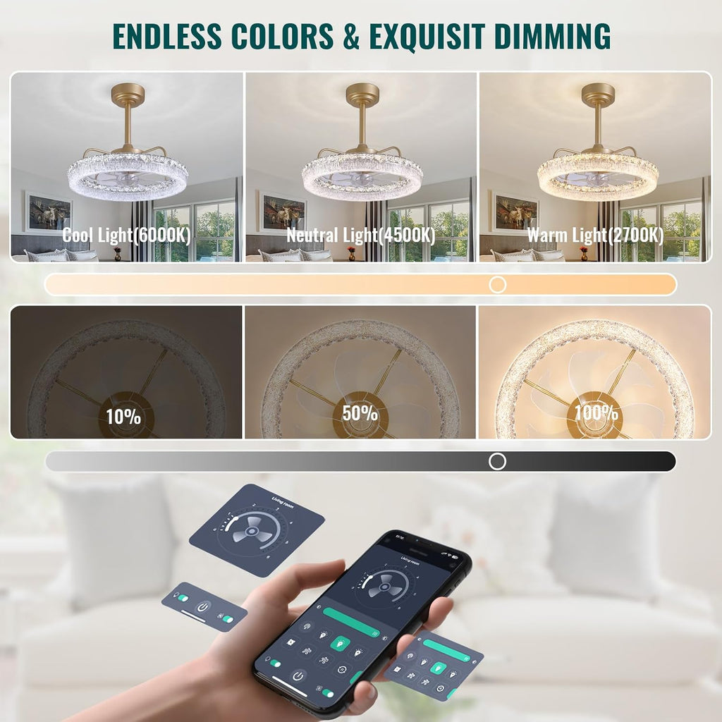 20'' Ceiling Fan with Lights and Remote, 3000-6000K Dimmable Low Profile Crystal Ceiling Fan, 6 Wind Speeds Modern Flush Mount LED Fandelier for Bedroom Living Room, Gold