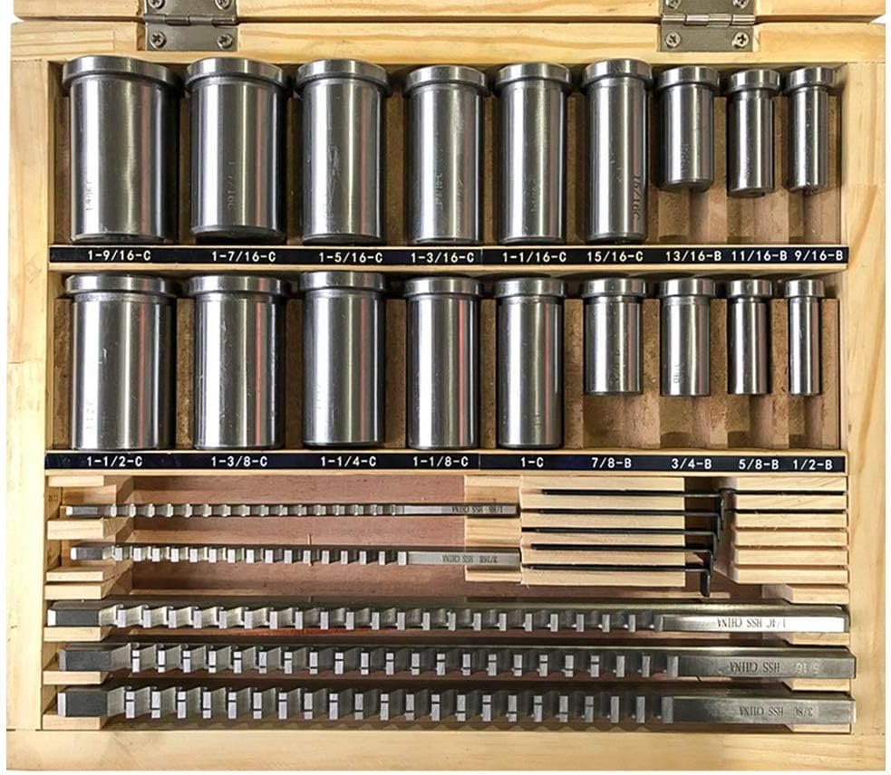 Keyway Broach Kit 30 Pcs,HSS Industrial Tools for Lathe Inch Size 5 pcs Broach & 18 Collared Bushing & 7 Shims Cutting Tools for Lathe Keyway Size