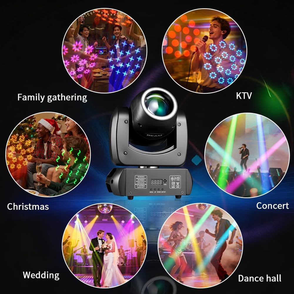 MINGJIE Moving Head Light, 120W Professional DJ Led Stage Light Beam Spotlight 110000Lux with 8 Gobos 8 Colors, DMX512 & Sound Activated,Remote Control for Club Disco Party Bar, Show（1PC）