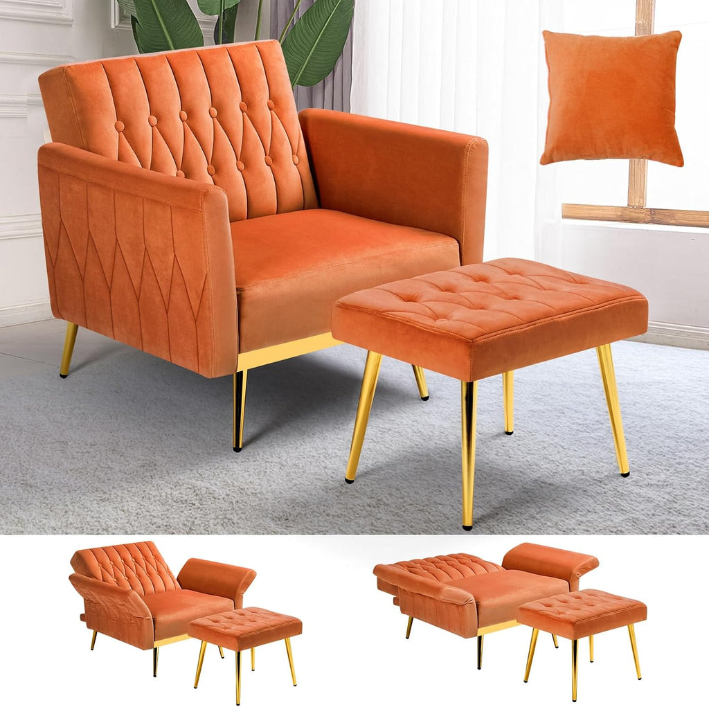 Velvet Accent Chair w/Adjustable Armrests and Backrest, Button Tufted Lounge Chair, Single Recliner Armchair with Ottoman and Pillow for Living Room, Bedroom,Orange