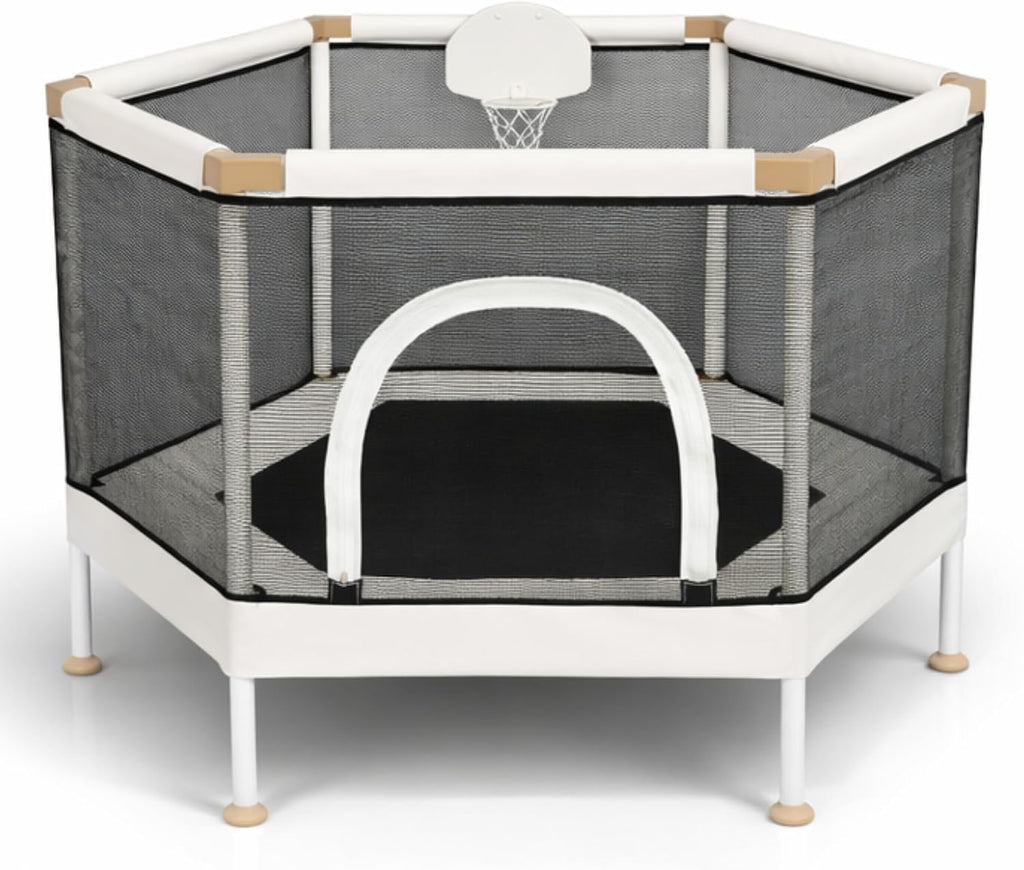 Kids Trampoline, Aesthetic Indoor and Outdoor Toddler Trampoline with Safety Net, Basketball Hoop, 220lb Capacity, Ultra Safe No-Gap Design, Gifts for Boys & Girls