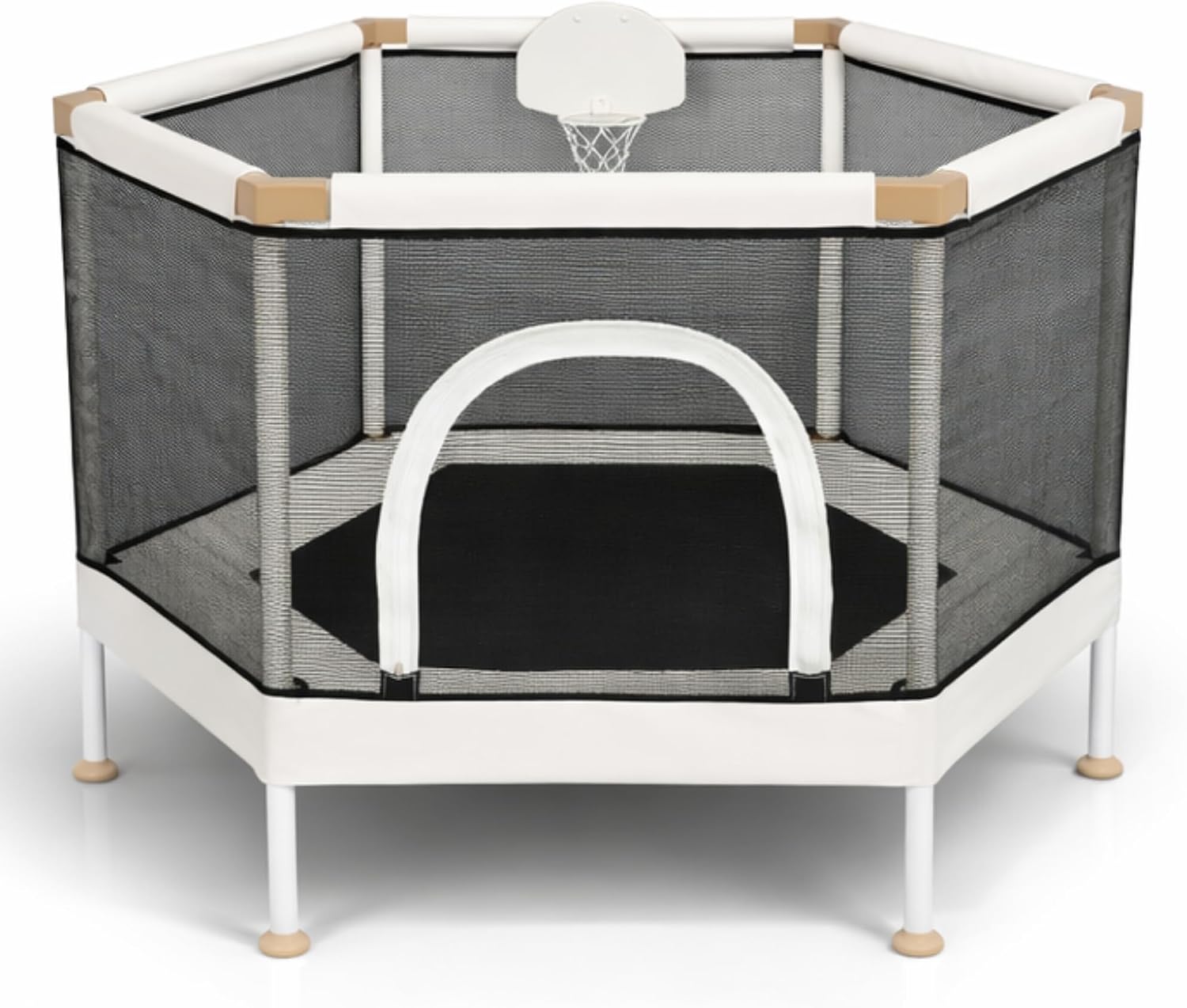 Kids Trampoline, Aesthetic Indoor and Outdoor Toddler Trampoline with Safety Net, Basketball Hoop, 220lb Capacity, Ultra Safe No-Gap Design, Gifts for Boys & Girls