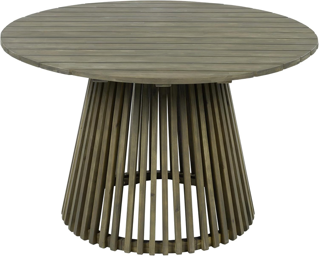 Christopher Knight Home Briar Farmhouse Acacia Wood Round Dining Table, Patio Dining Room Table with Unique Wooden Base for Backyard/Garden, Slatted Design Outdoor Dining Table, Light Teak