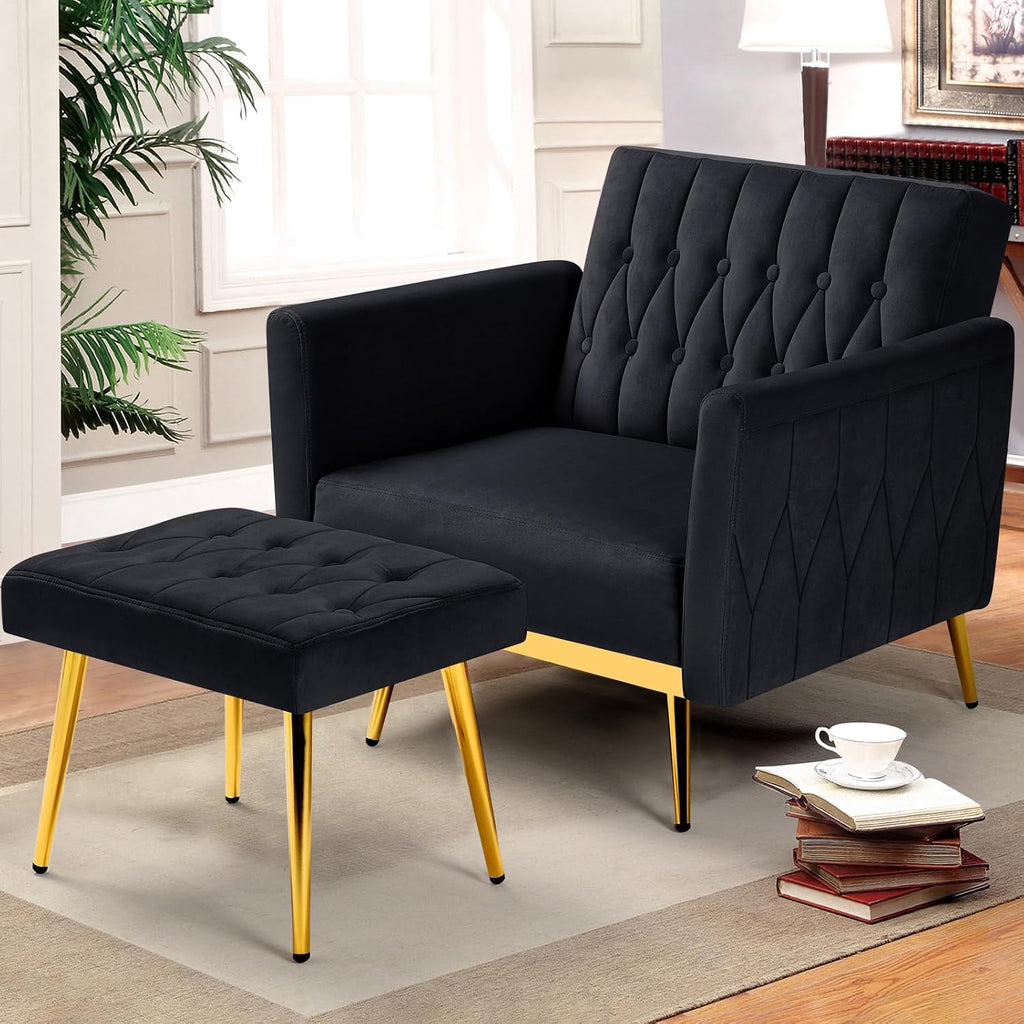 Velvet Accent Chair with Adjustable Armrests and Backrest, Button Tufted Lounge Chair, Single Recliner Armchair with Ottoman and Pillow for Living Room, Bedroom, Black