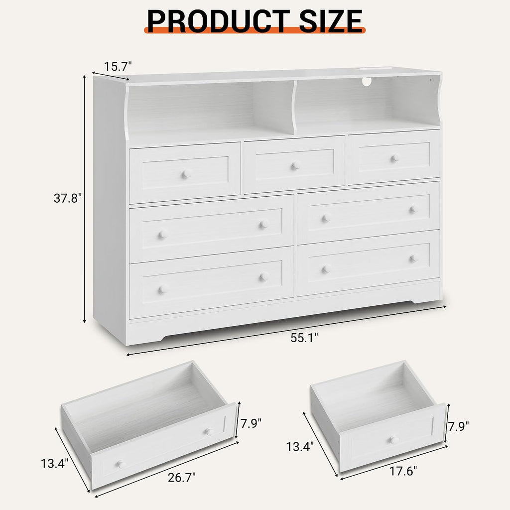 IDEALHOUSE Dresser for Bedroom with 7 Drawers, LED Lights & Charging Station, Wooden Chest with 2 Open Compartments, Freestanding Storage Organizer for Closet, Nursery, Entryway, White