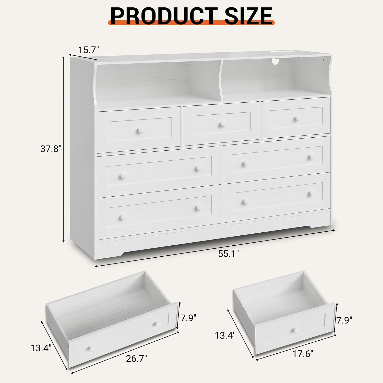 IDEALHOUSE Dresser for Bedroom with 7 Drawers, LED Lights & Charging Station, Wooden Chest with 2 Open Compartments, Freestanding Storage Organizer for Closet, Nursery, Entryway, White