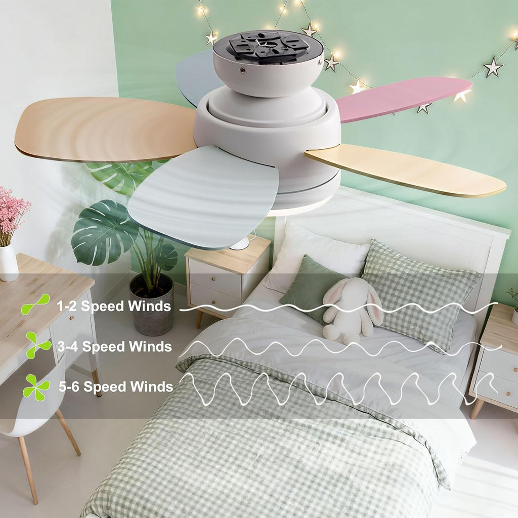 Flush Mount Ceiling Fan with Light 6 Speed Quiet Colorful Ceiling Fans Remote LED Ceiling Lights Fan Lighting Timing Reversible Fan Light for Bedroom Kids Room Lounge