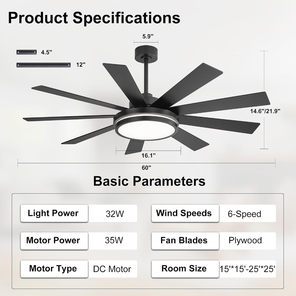 WINGBO 60' Ceiling Fan with Light - Large LED Dimmable Light, 6-Speed Remote Control, Reversible DC Motor, Modern Ceiling Fan 9 Blades for Bedroom, Living Room, Indoor Outdoor Black and Driftwood