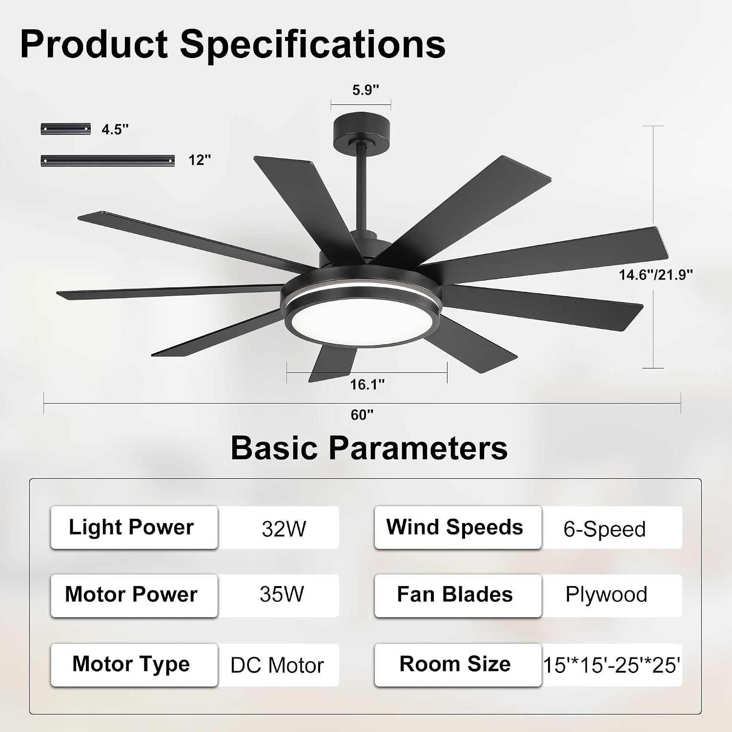 WINGBO 60' Ceiling Fan with Light - Large LED Dimmable Light, 6-Speed Remote Control, Reversible DC Motor, Modern Ceiling Fan 9 Blades for Bedroom, Living Room, Indoor Outdoor Black and Driftwood