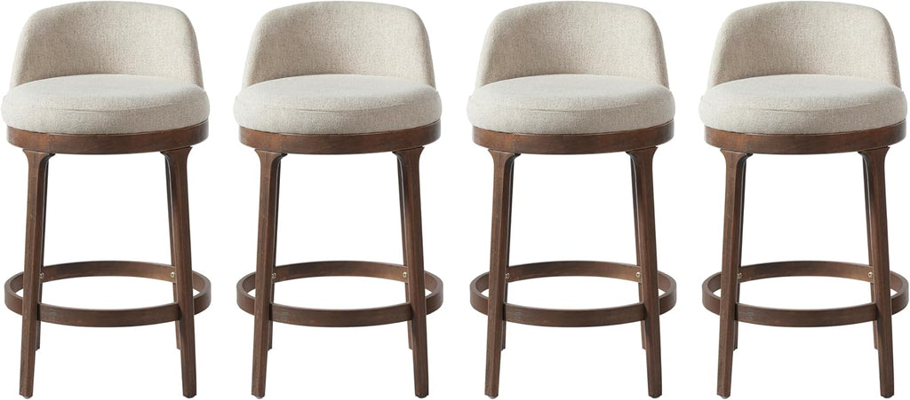 Christopher Knight Home Linhill 26.5' H Bar Stools Set of 4, Indoor Wooden Counter Stools with Round Upholstered Seat, Kitchen Stools, Rubberwood Frame with Footrest for Dining Island, Beige + Walnut