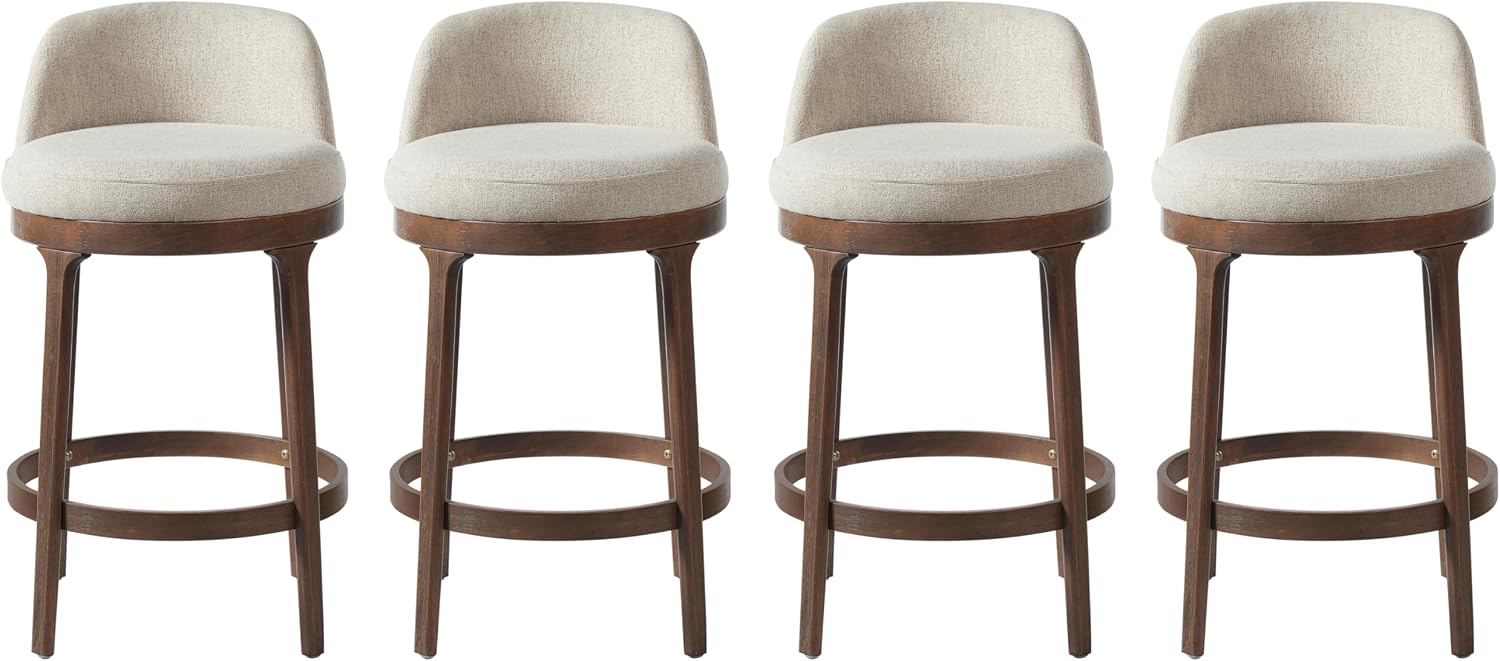Christopher Knight Home Linhill 26.5' H Bar Stools Set of 4, Indoor Wooden Counter Stools with Round Upholstered Seat, Kitchen Stools, Rubberwood Frame with Footrest for Dining Island, Beige + Walnut