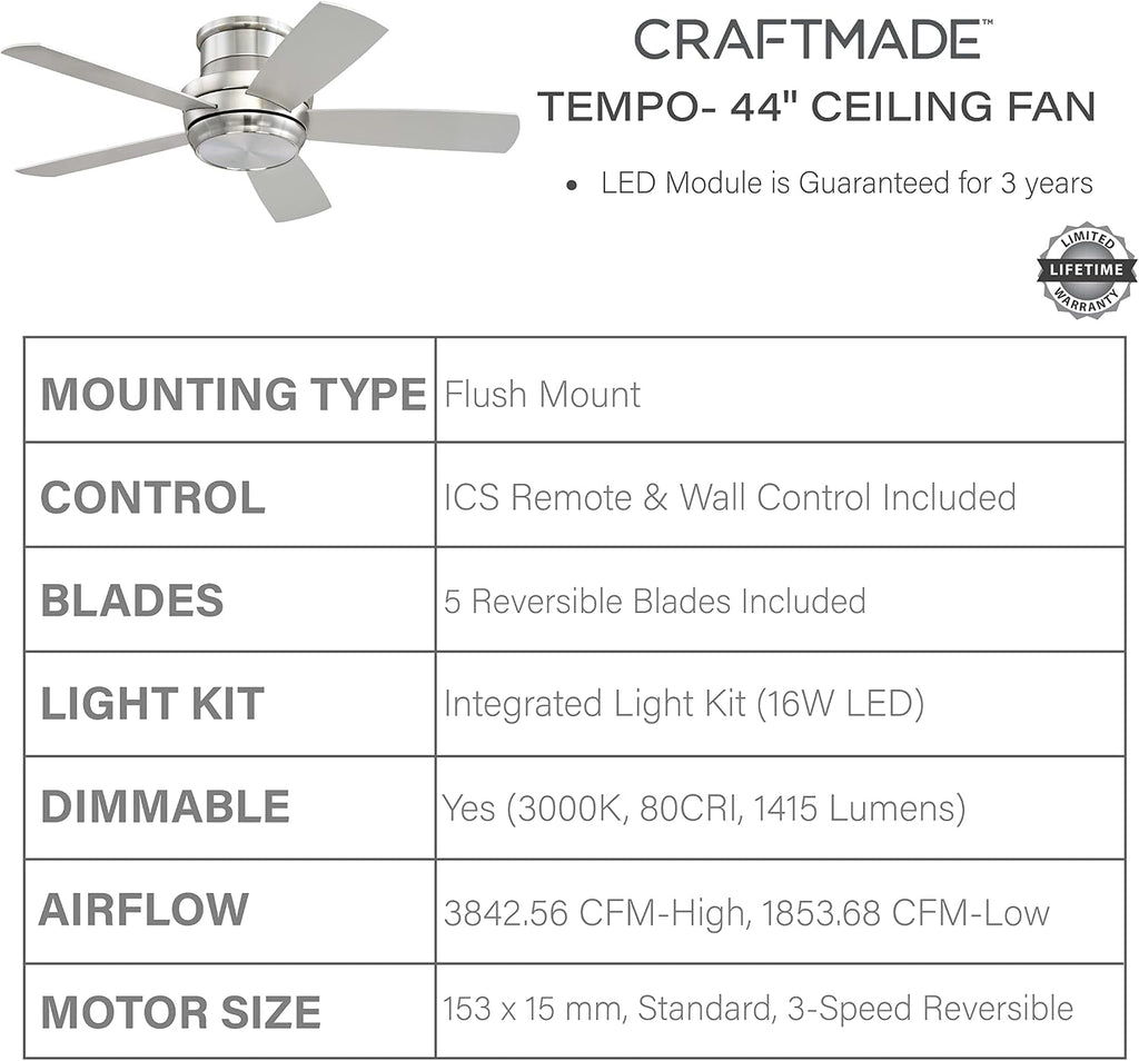 Craftmade TMPH44BNK5 Tempo Collection 44 Inch Contemporary Modern Five Blade Indoor Hugger Ceiling Fan - Brushed Polished Nickel I Three Speed Reversible Motor I With LED Light I