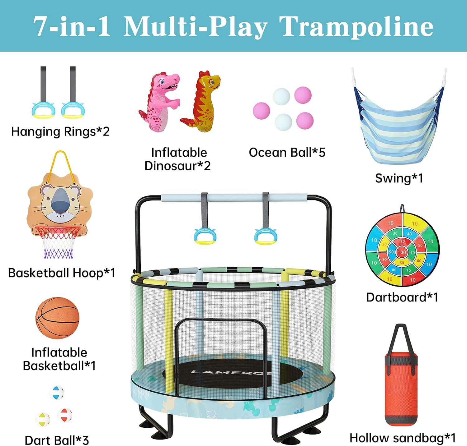 LAMERGE 55' 7-in-1 Round Trampoline for Kids Boys & Girls Ages 1-8, Indoor & Outdoor Trampoline for Fun, Adjustable Height Handrail ＆ Enclosed Safety Net ＆ Durable Designs for Toddlers Children
