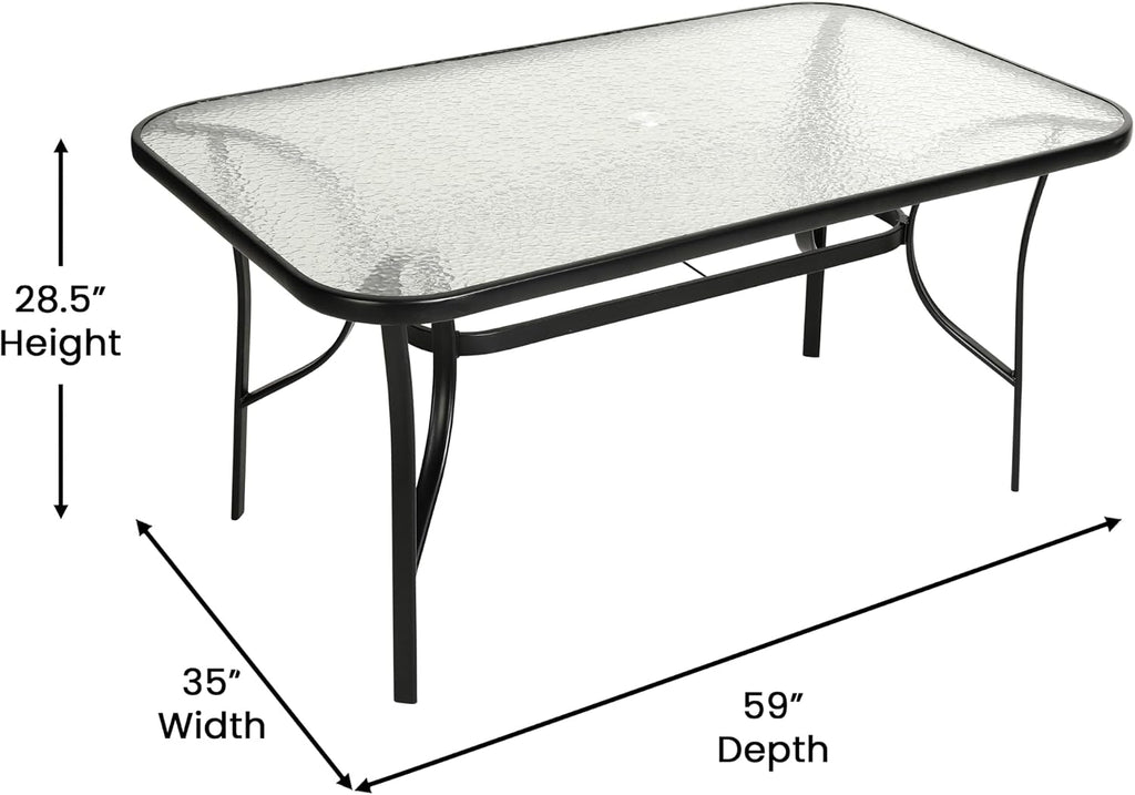 Flash Furniture Brazos Commercial Outdoor Dining Set, 60' Tempered Glass Patio Table with Umbrella Hole, 6 Stack Chairs with Flex Comfort Seats and Backs, Brown/Black