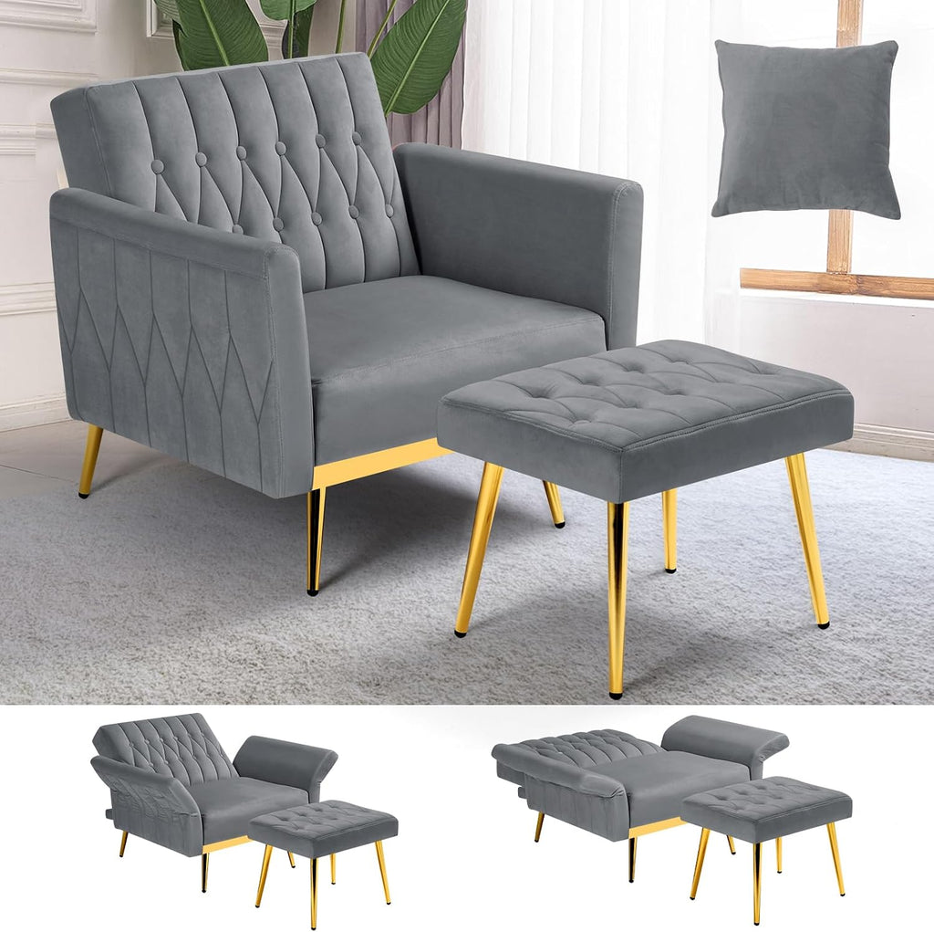 Velvet Accent Chair with Adjustable Armrests and Backrest, Button Tufted Lounge Chair, Single Recliner Armchair with Ottoman and Pillow for Living Room, Bedroom, Grey
