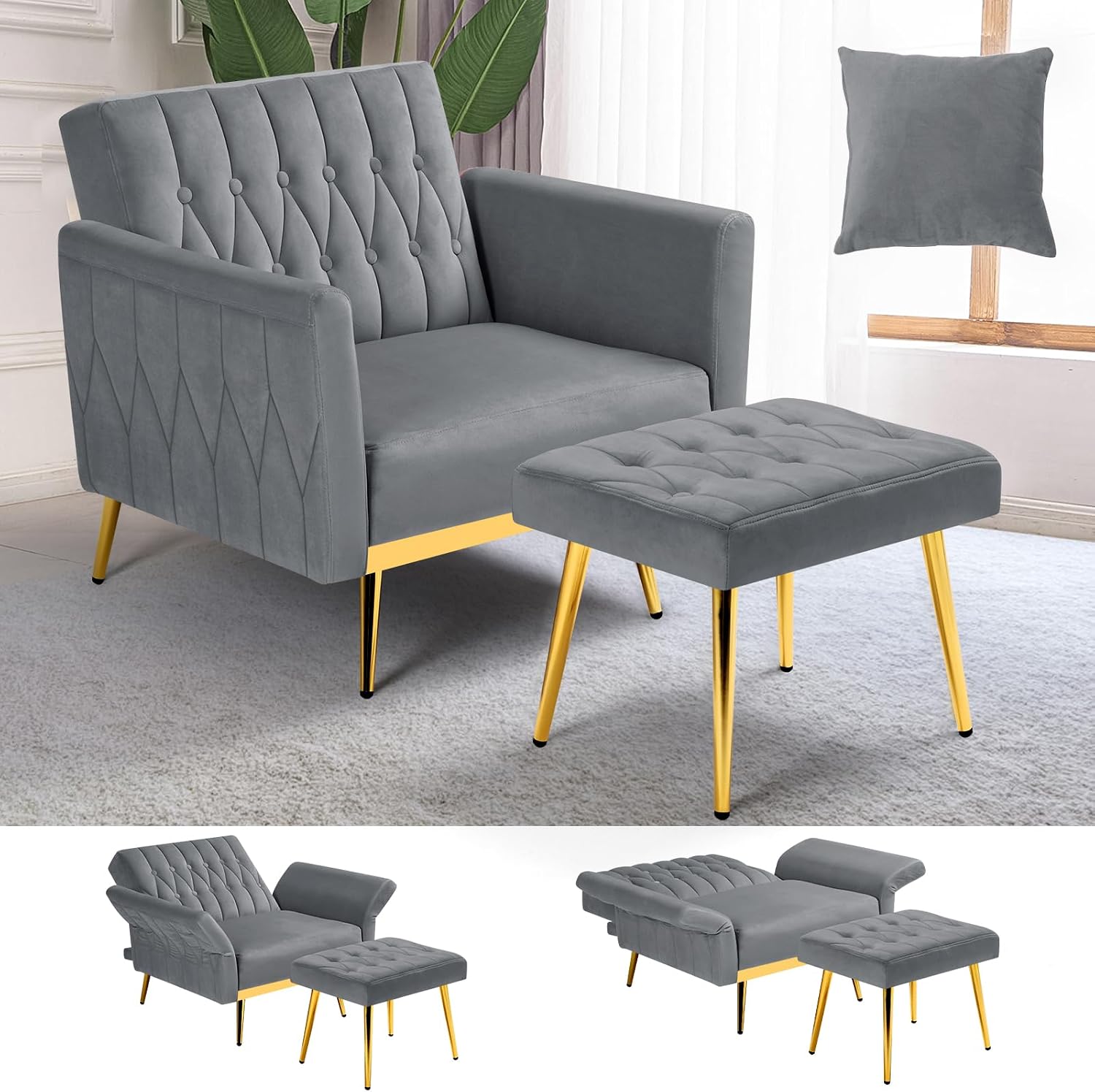 Velvet Accent Chair with Adjustable Armrests and Backrest, Button Tufted Lounge Chair, Single Recliner Armchair with Ottoman and Pillow for Living Room, Bedroom, Grey