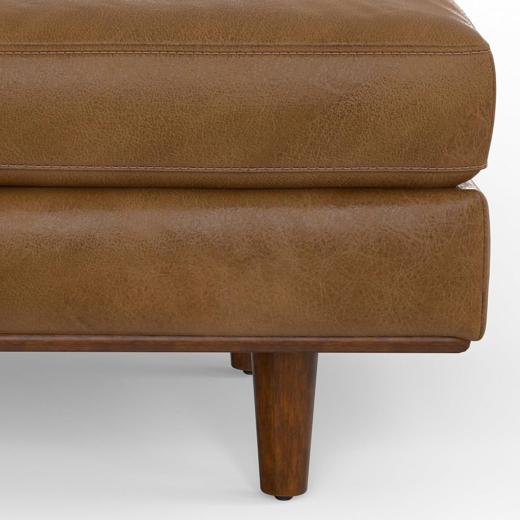 SIMPLIHOME Morrison 33 inch Wide Ottoman in Caramel Brown Genuine Leather, Multifunctional Footrest, Coffee Table, and Extra Seating for Living Room, Mid-Century Modern Style