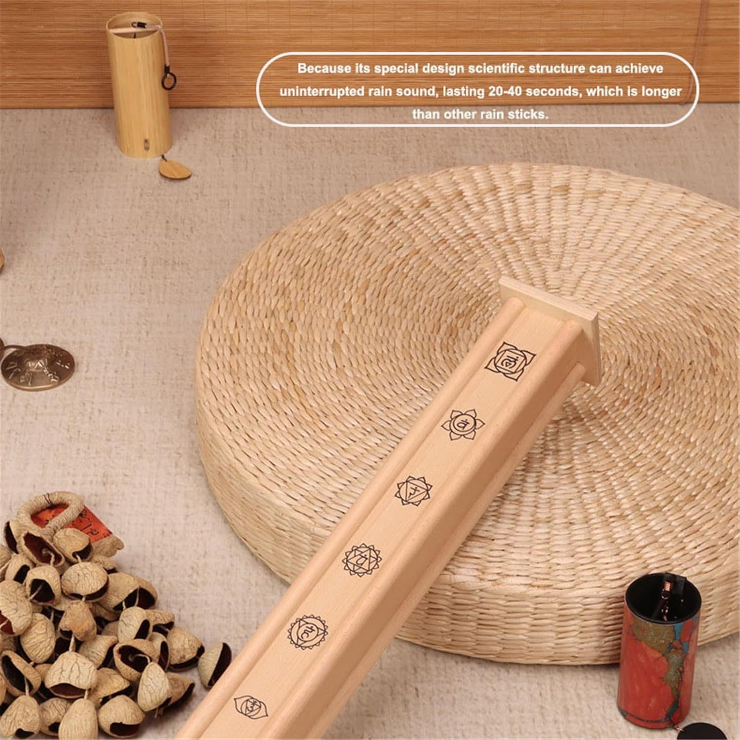 Long Sustain Rain Stick, 20-40 Seconds, Birchwood Rainstick Instrument for Relaxation, Meditation & Healing Sounds (Rainmaker, Ocean Wave Sound Effect)