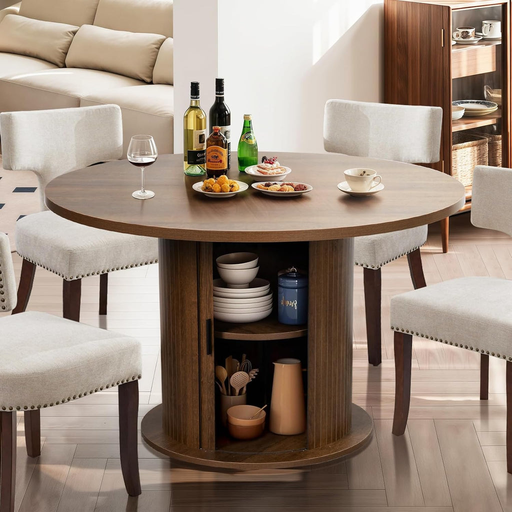 47' Round Dining Table with 2-Tier Hidden Storage - Space Saving Wood Kitchen Table for Small Spaces, Seats 4-6, Mid-Century Modern Circle Design,Brown