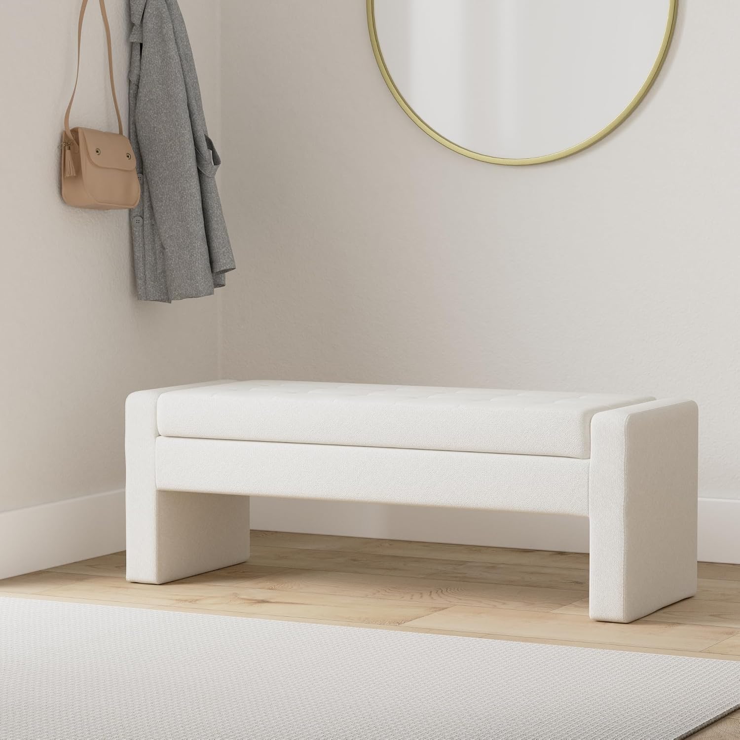 Madison Park Gillian Entryway Accent Storage Bench, Button Tufted & Upholstered Padded Seating Bench for Living Room, Compact Bed End Bench with Lift-Top Hidden Storage, Bedroom Furniture, 50'W, Cream