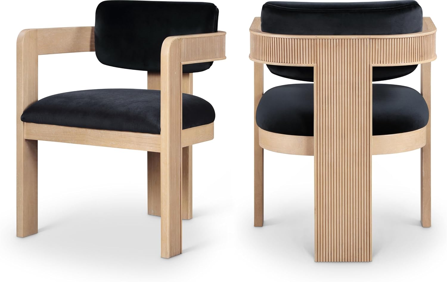 Meridian Furniture Sacha Collection Art Deco Dining Chair, Solid Fluted Wood, 22.5' W x 22' D x 31' H, Set of 2 (Black, Natural Finish, Velvet)