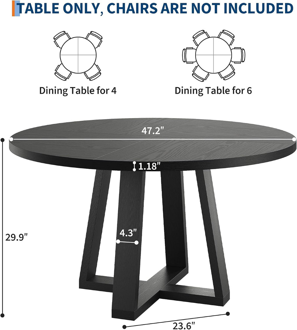 IDEALHOUSE 47 Inch Round Dining Table for 4-6 People, Circle Kitchen Table with Cross Base, Farmhouse Wood Dinner Table for Apartment, Black