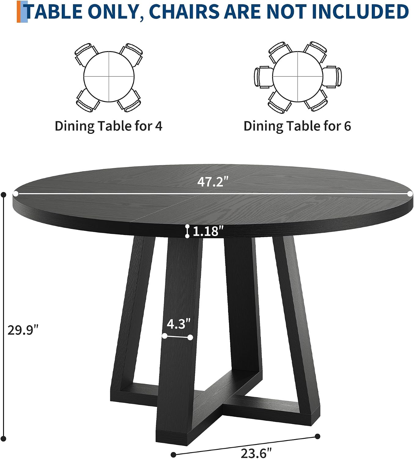 IDEALHOUSE 47 Inch Round Dining Table for 4-6 People, Circle Kitchen Table with Cross Base, Farmhouse Wood Dinner Table for Apartment, Black