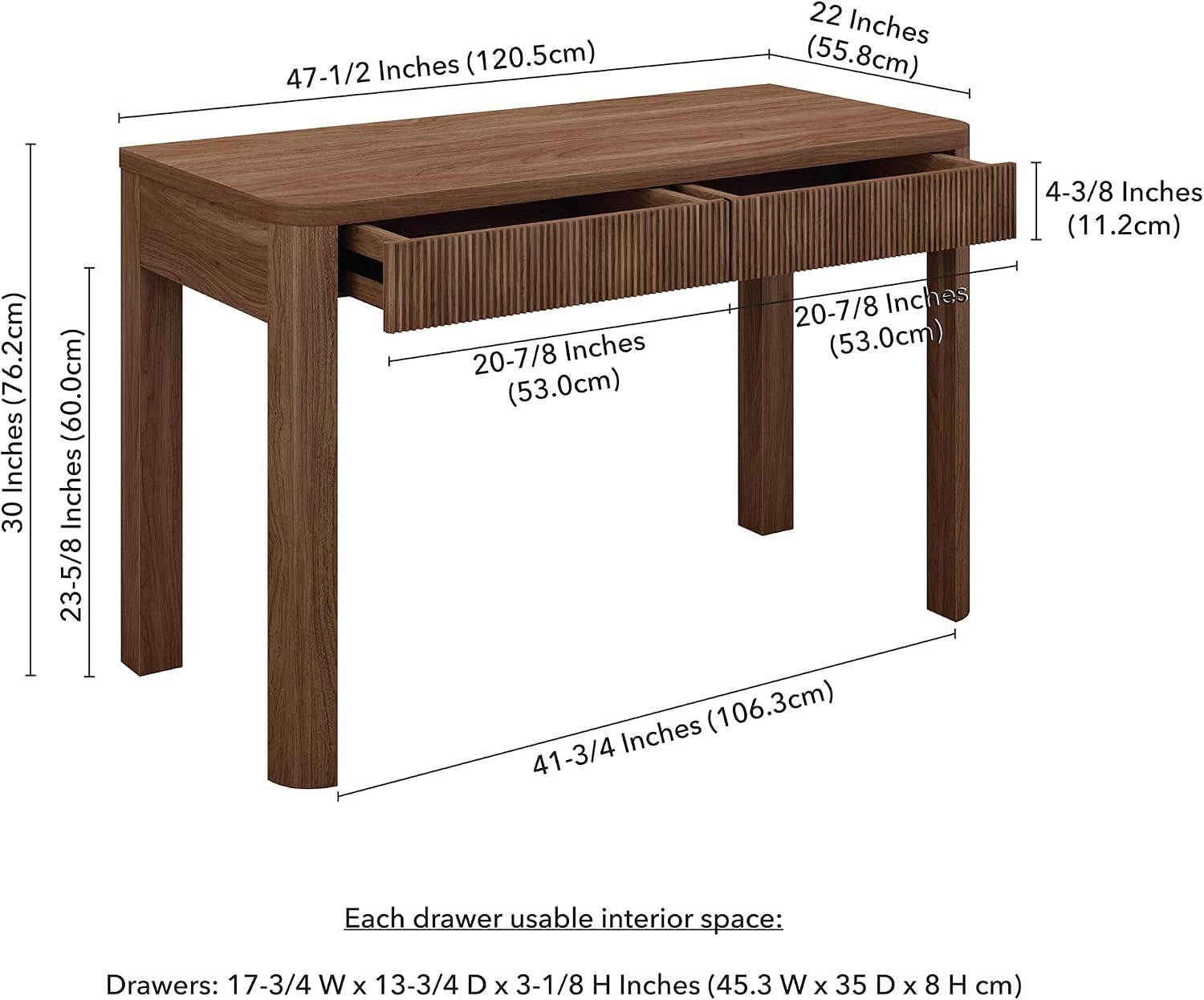 Henn&Hart 47.5'' Modern Rectangular Wooden Fluted Home Office Desk, Computer Desk, Ribbed Writing Table with 2 Drawers for Home Office, Medium Walnut