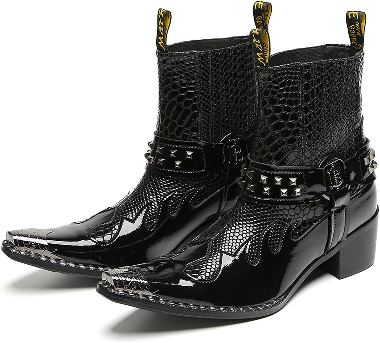 Santimon Men's Genuine Leather Western Chelsea Cowboy Boots | Mid-Top with Metallic Wingtip Toe & Snakeskin Buckle | Dress-to-Casual for Stage, Neon Nights
