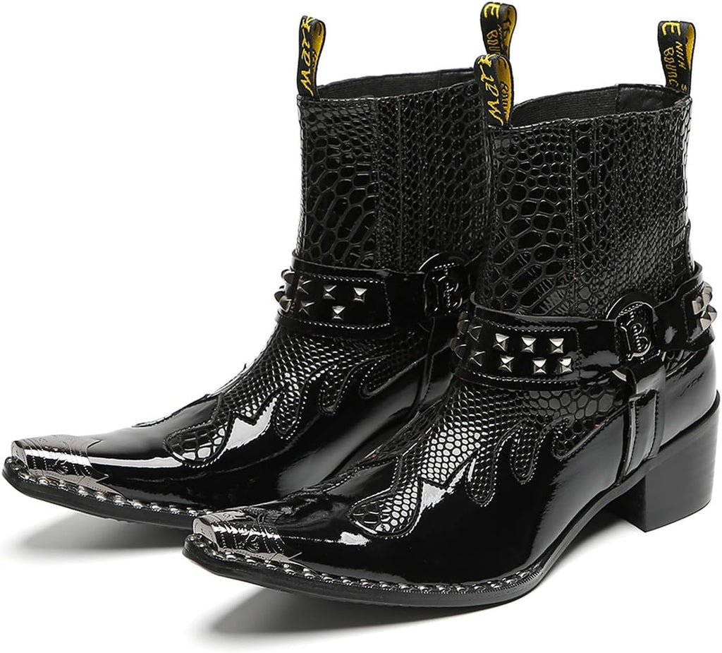 Santimon Men's Genuine Leather Western Chelsea Cowboy Boots | Mid-Top with Metallic Wingtip Toe & Snakeskin Buckle | Dress-to-Casual for Stage, Neon Nights