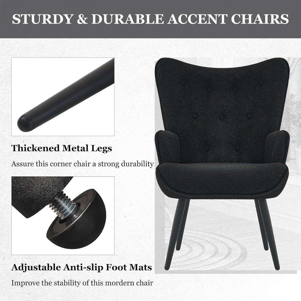 Furnimart Mid-Century Modern Accent Chairs Set of 2, Black Sherpa Wingback Reading Chairs with High Backrest, Armchair for Living Room, Bedroom, Waiting Room