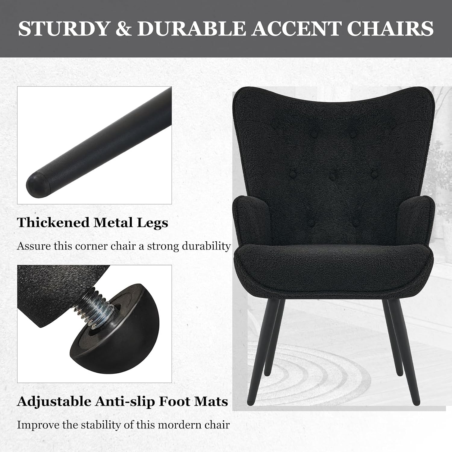 Furnimart Mid-Century Modern Accent Chairs Set of 2, Black Sherpa Wingback Reading Chairs with High Backrest, Armchair for Living Room, Bedroom, Waiting Room