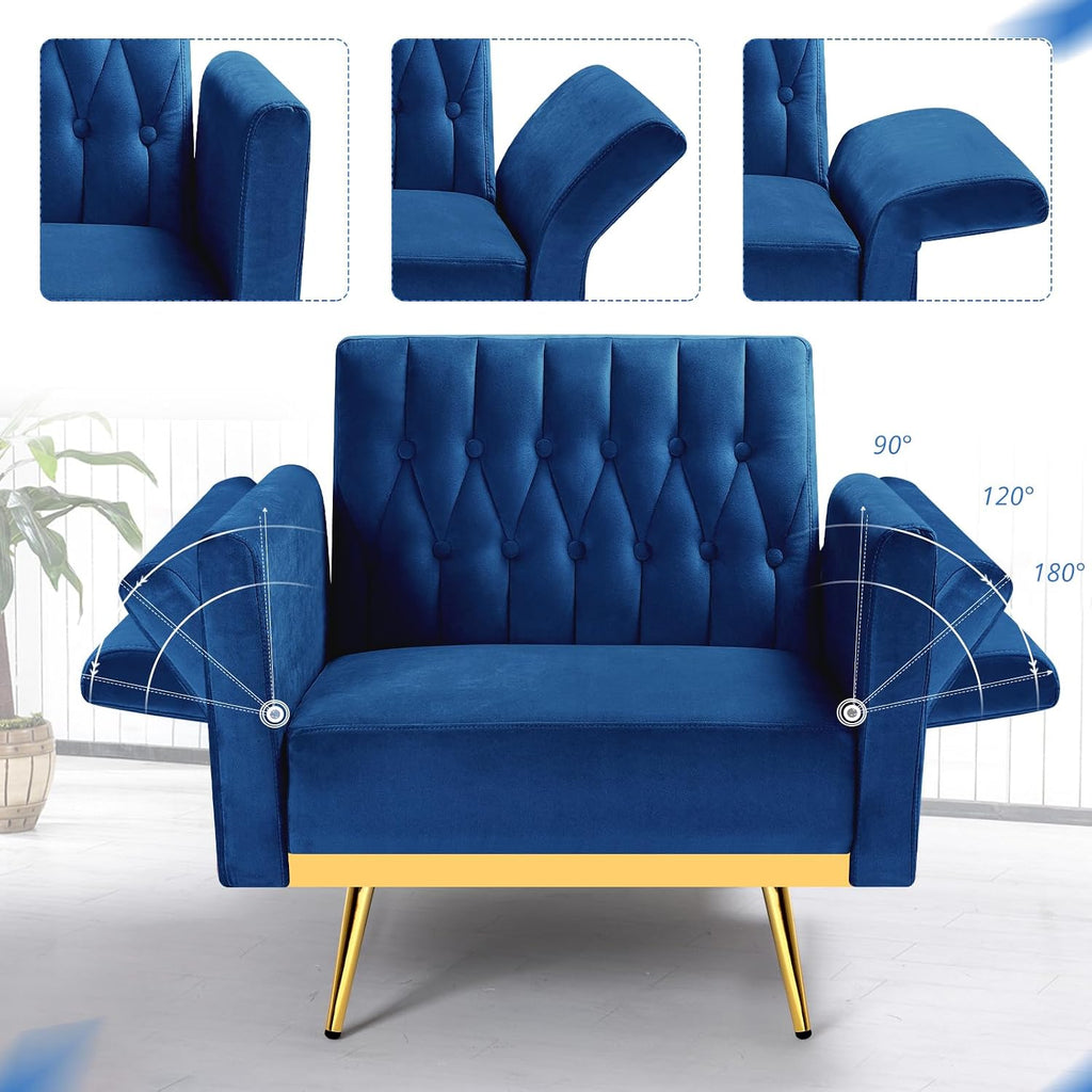 Velvet Accent Chair with Adjustable Armrests and Backrest, Button Tufted Lounge Chair, Single Recliner Armchair with Ottoman and Pillow for Living Room, Bedroom, Blue