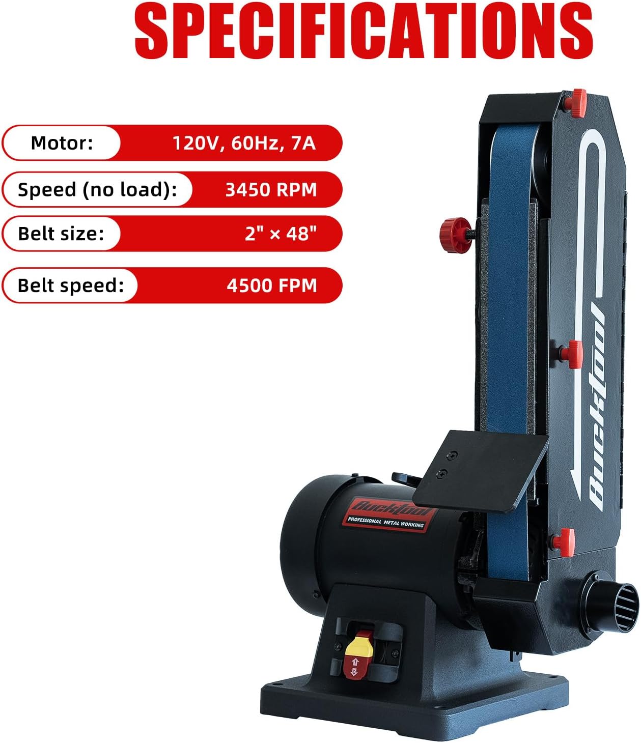 Bucktool 2 x 48 Belt Sander, 1 HP 7A 4500 FPM Bench Belt Sander for Knife Making, Metalworking and Stock Removal, Flat and Curved Sanding Design, Quick Belt Change
