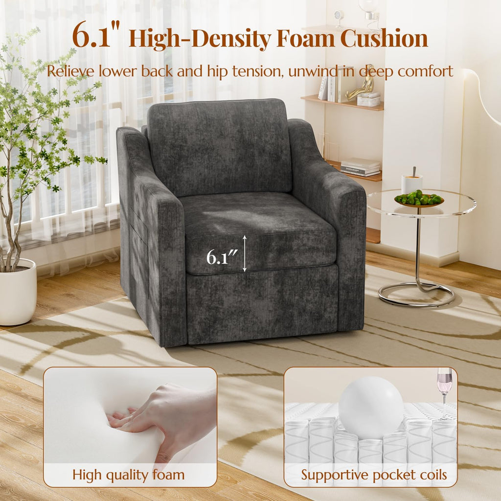 360° Swivel Accent Chair, Large Comfy Reading Chair, Square Single-Seat Armchair Upholstered Sofa for Reading, Nursery, Living Room, Bedroom, Lounge, Hotel, Black