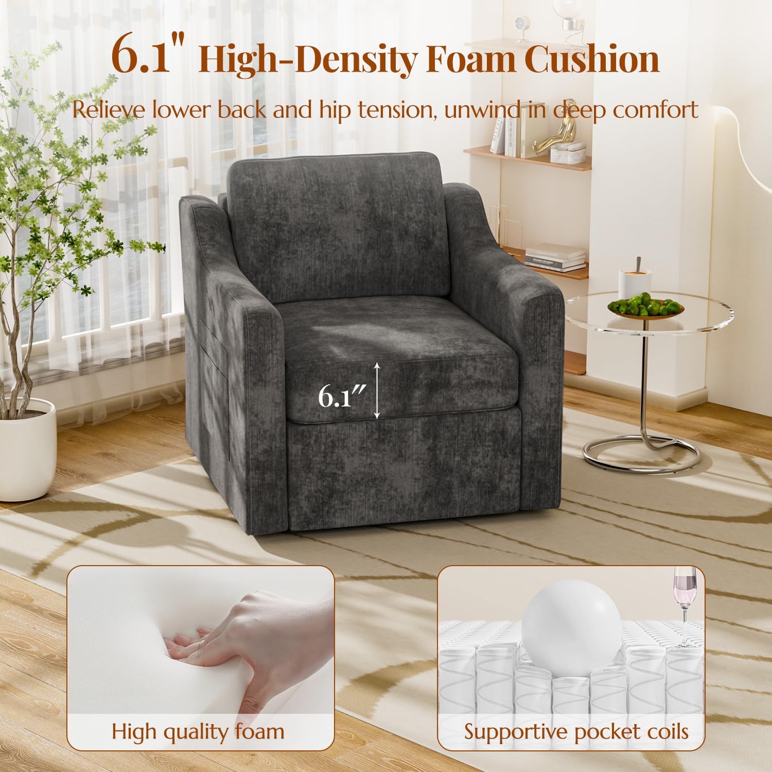 360° Swivel Accent Chair, Large Comfy Reading Chair, Square Single-Seat Armchair Upholstered Sofa for Reading, Nursery, Living Room, Bedroom, Lounge, Hotel, Black