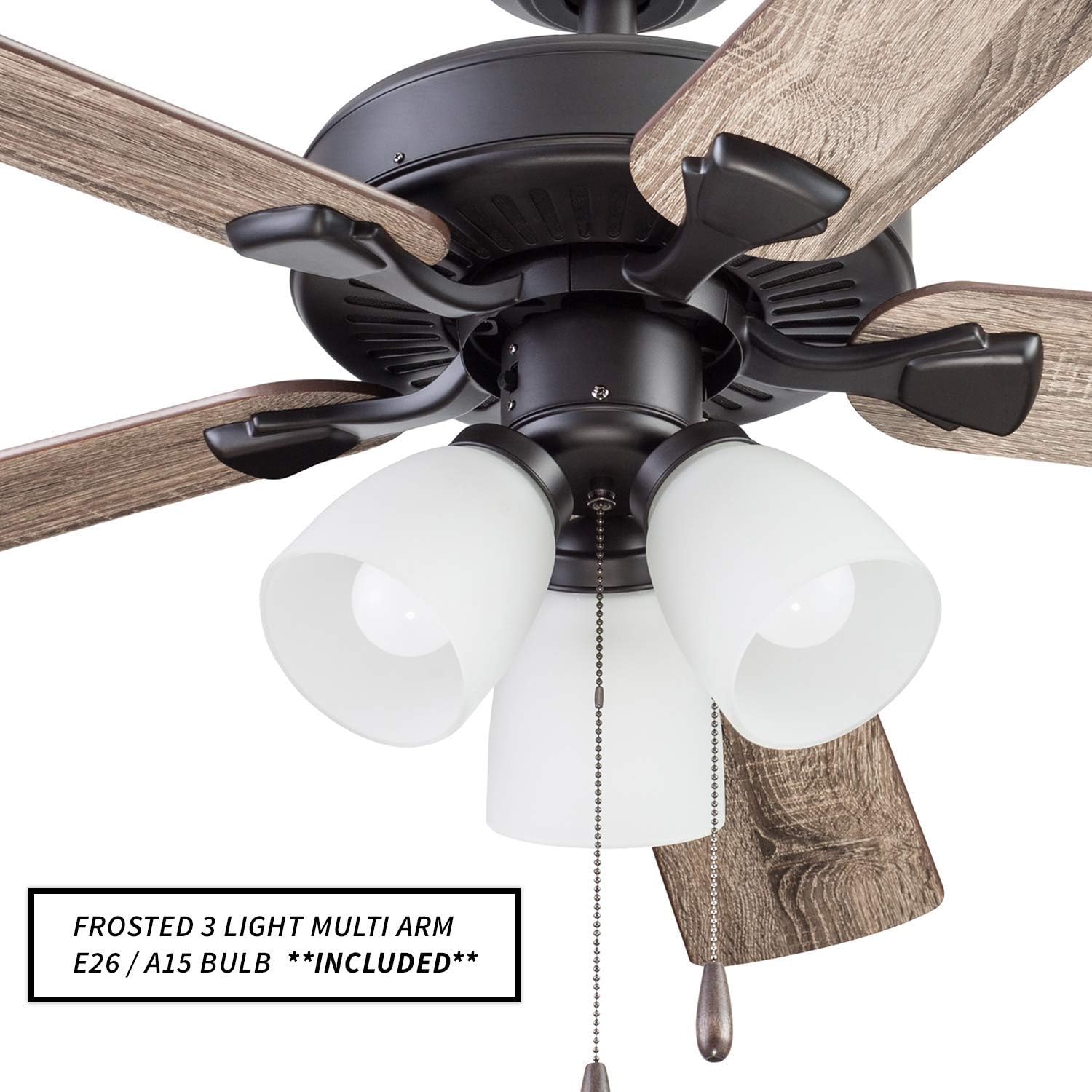 Portage Bay Ceiling Stannor 52' Bronze Indoor Fan with Frosted 3 Light LED Multi Arm E26/A15 Bulb and Pull-Chains, Traditional Style, 5 Reversible Barnwood/Northern Ebony Blades, 51434